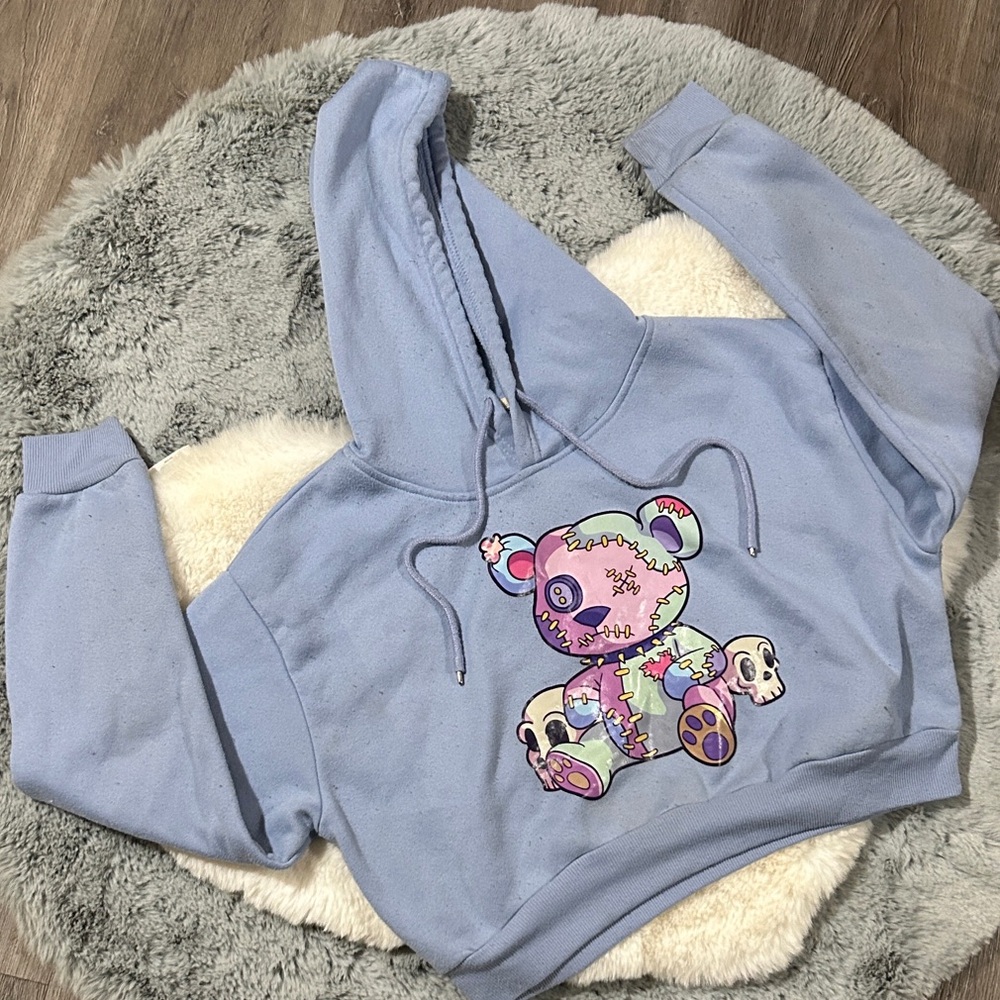 Blue Crop Hoodie with Patchwork Bear Design